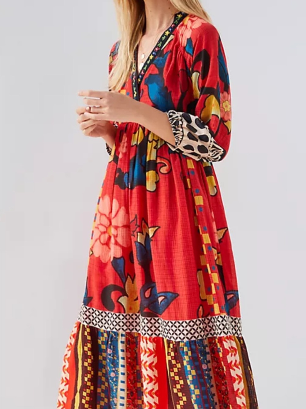 Red Floral Boho Maxi Dress with Mixed Print